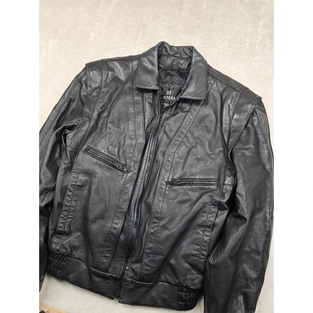 Bermans Leather Bomber Jacket Mens Small Long Black Thinsulate Removable Vintage